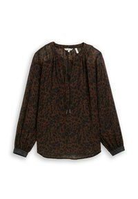 Braun- und schwarzgemusterte Bluse mit Leopardenprint, runder Ausschnitt, Kordelzugdetail und langen, gerafften Ärmeln. Leichtes, durchscheinendes Material.