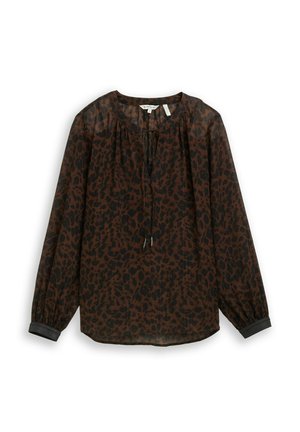 Brown and black leopard-print blouse with a round neckline, drawstring detail, and long, gathered sleeves. Lightweight, sheer fabric.