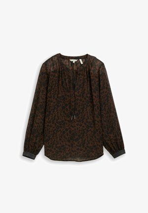 Brown and black leopard-print blouse with a round neckline, drawstring detail, and long, gathered sleeves. Lightweight, sheer fabric.