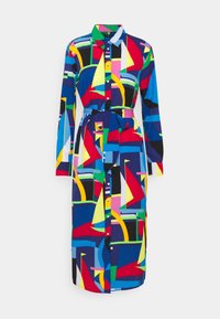 Färggklad skjortklänning med geometriska mönster i blått, rött, grönt, gult och svart, med midjebälte och långa ärmar.