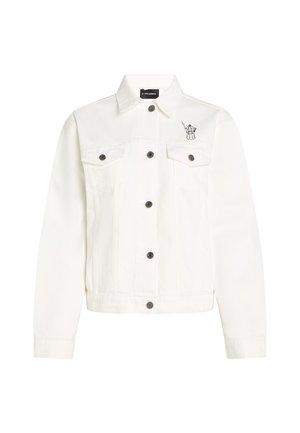 Balta džinsa jaka ar punkta tipa apkakli, priekšējām kabatām un melnuma pogām. Iekļauta iespiesta dizaina elementa kreisajā krūtī.