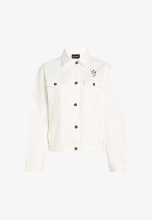 Balta džinsa jaka ar punkta tipa apkakli, priekšējām kabatām un melnuma pogām. Iekļauta iespiesta dizaina elementa kreisajā krūtī.