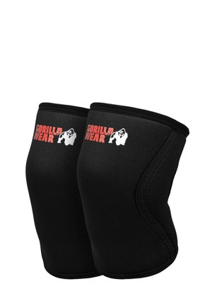Een paar zwarte kniebeschermers met rode "Gorilla Wear" tekst en wit gorillalogo op elke sleeve, ontworpen voor gewrichtsondersteuning.