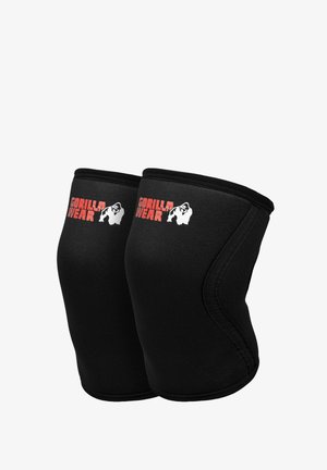 Een paar zwarte kniebeschermers met rode "Gorilla Wear" tekst en wit gorillalogo op elke sleeve, ontworpen voor gewrichtsondersteuning.