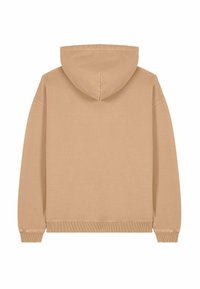 Gaiši beiszā sudraba kapuča džemperis ar brīvu piegriezumu, ribotām piedurknēm un apakšmalu, kā arī mīkstu auduma struktūru. Skats no aizmugures, bez grafikas vai detaļām.