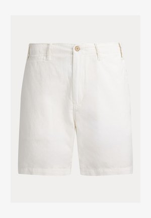 Pantaloni scurți albi din bumbac cu croială dreptă, prevăzuți cu închidere cu un singur nasture, bucle pentru curea și buzunare laterale. Textură fină, design minimalist.