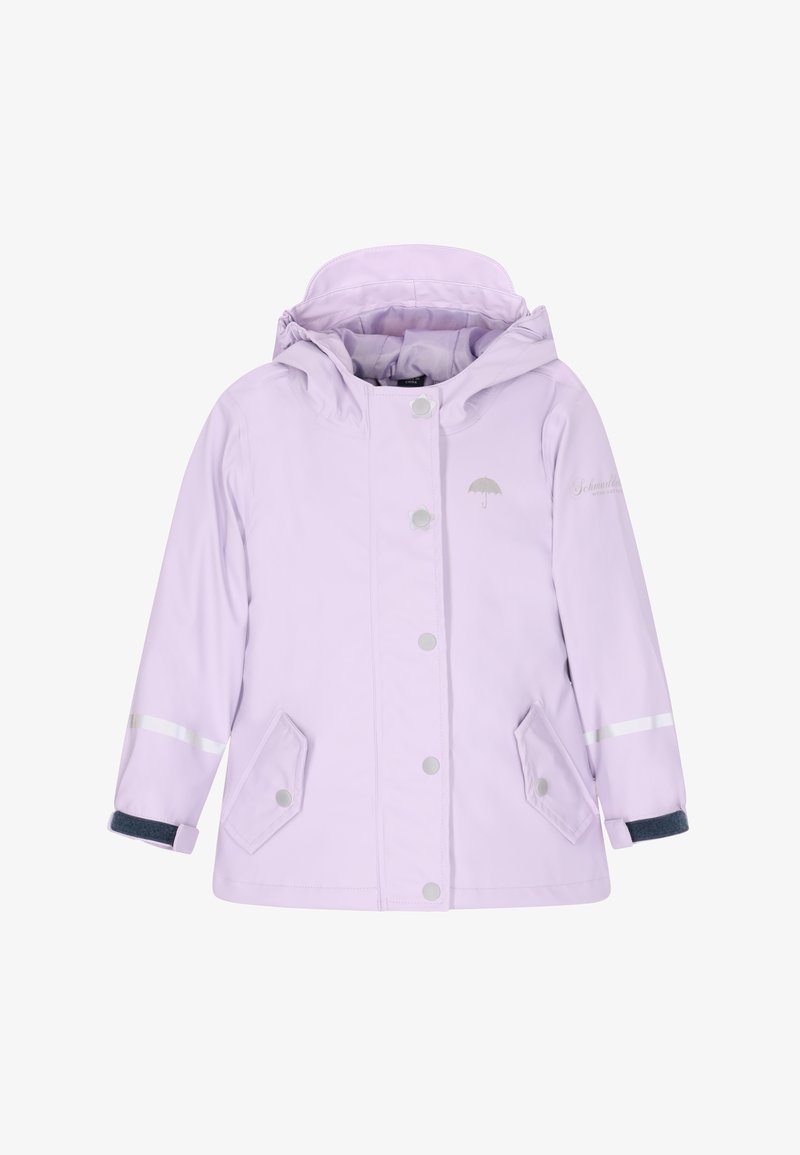 Lilak vodoodporna jakna s kapuco, pokrovnimi gumbi, stranskimi žepi, odbojnimi detajli na rokavih in logotipom dežnika.
