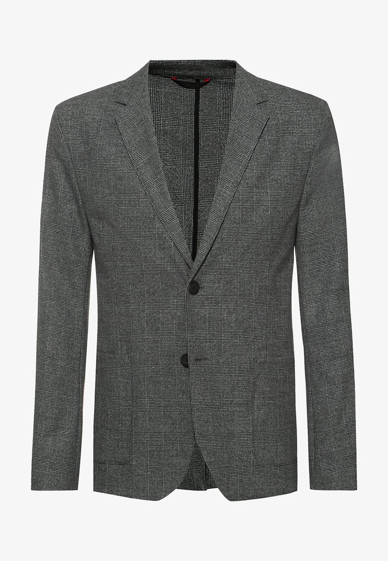 Veste à carreaux grise pour homme avec revers crantés, deux boutons noirs et poches plaquées avant.