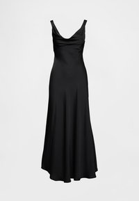 Melna vakarkleita ar dziļu V veida izgriezumu, bez piedurknēm un plakātu kakla detaļu. Izplešas siluets ar plūstošu, gludu audumu.