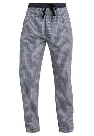 Marineblauwe en witte geruite pyjamabroek met een elastische tailleband, verstelbaar trekkoord en knoopsluiting. Lichtgewicht, ademende stof.