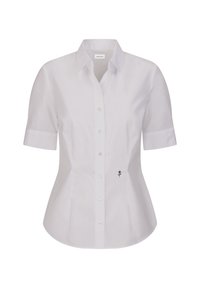 Chemise blanche à manches courtes à boutons avec col et petite broderie d'une rose noire près de la taille sur le côté gauche.