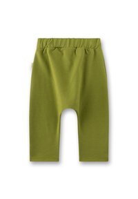 Grüne Baumwollshorts mit elastischem Bund, die einen lockeren Sitz und einen knielangen Schnitt aufweisen. Glatte Textur ohne zusätzliche Muster.