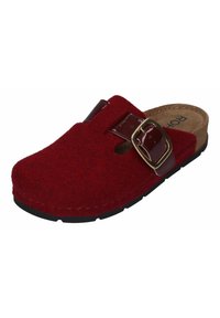 Red felt clogs with a rounded toe, side buckle, and a lightweight black sole. The interior features a cork footbed for comfort.