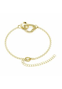 Bracciale d'oro con un ciondolo a forma di cuore adornato da strass trasparenti. La catena è dotata di una chiusura a sgancio e ha lunghezza regolabile.