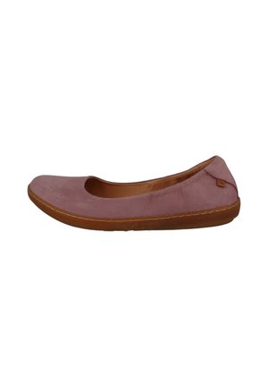 Ballet flat in soft pink suede, featuring a rounded toe and elasticated edges. Brown rubber sole with very slight texture.