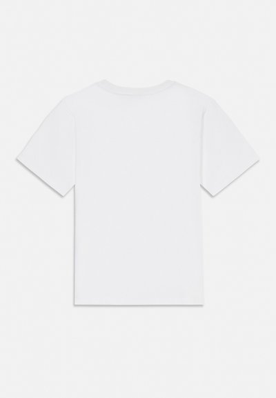 T-shirt blanc uni à manches courtes et col rond, vu de dos sur un fond gris neutre.