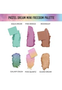 Mini Paleta Wolnych Marzeń w odcieniach pastelowych zawiera sześć kolorów: Aqua Dream (jasnozielony), Pink Mirage (różowy), Moondust (brązowy), Galaxy Crush (fioletowo-zielony), Pixie Quartz (irydyscentny), Gilded Dream (złoty).