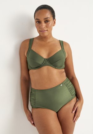 Olive green bikini set featuring a lightly padded, underwired top with wide straps and high-waisted bottoms with side ruching details.
