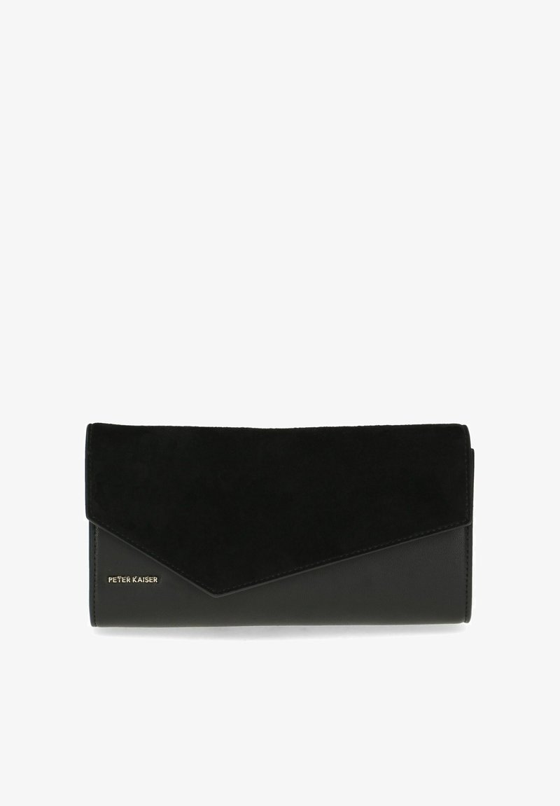 Portefeuille noir alliant cuir lisse et daim. Design de rabat triangulaire notable avec un marquage doré et une forme épurée et minimaliste.