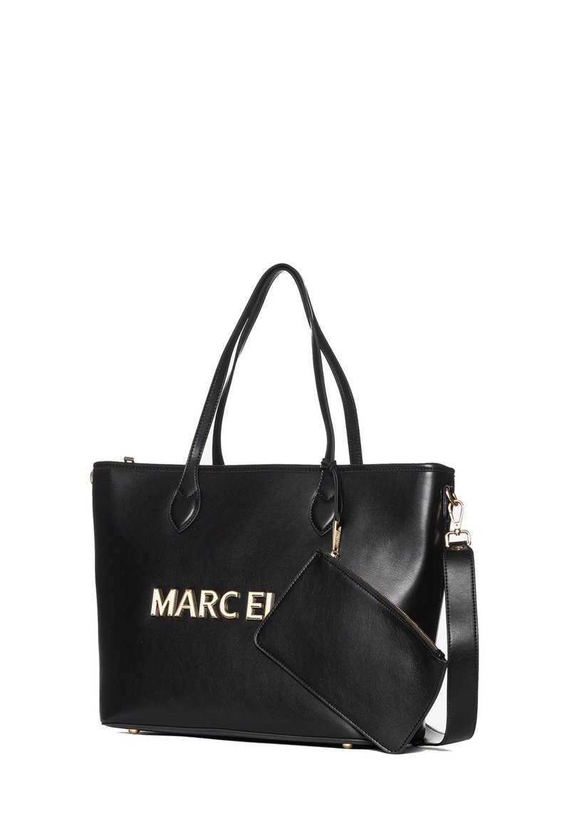 Borsa tote in pelle nera con manici doppi, logo "MARC ELI" in rilievo dorato e una pochette con zip staccabile attaccata tramite una cinghia.