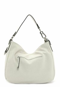 Sac à main en cuir perforé blanc avec une forme courbée, des bords noirs, une seule bandoulière et une poche zippée à l'avant avec quincaillerie en argent.