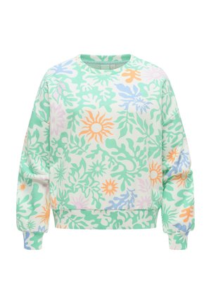 Sweatshirt met pastelkleurige groene, oranje, blauwe en roze abstracte bloem- en zonpatronen, rondhals, lange mouwen en geribbelde boorden en zoom.