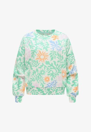 Felpa con motivi astratti floreali e solari in verde pastello, arancione, blu e rosa, collo rotondo, maniche lunghe e polsini e orlo a costine.