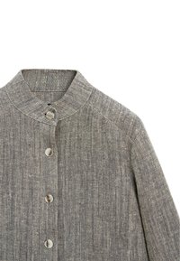 Gray linen shirt with a mandarin collar, featuring four buttons down the front and a textured fabric. Clean, minimalist design.