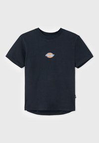 Black cotton t-shirt with short sleeves, round neck, and a small multi-colored logo on the chest. Straight hem with a slightly longer back.