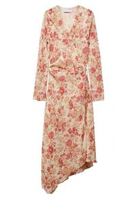 Robe portefeuille fleurie à manches longues, en tissu beige clair avec un motif de fleurs roses et rouges, ourlet asymétrique et détail noué sur le côté.