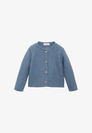 Niebieski zapinany sweter z okrągłym dekoltem, długimi rękawami i pięcioma drewnianymi guzikami z przodu. Teksturowany materiał w jednolitym kolorze.