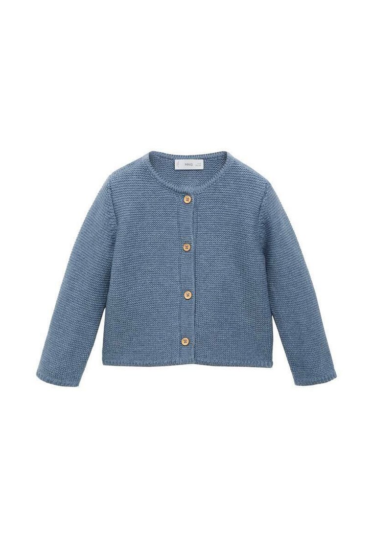 Modra pletena jopica s okroglo izrezom, dolgimi rokavi in petimi lesenimi gumbi spredaj. Teksturovana tkanina v enotni barvi.