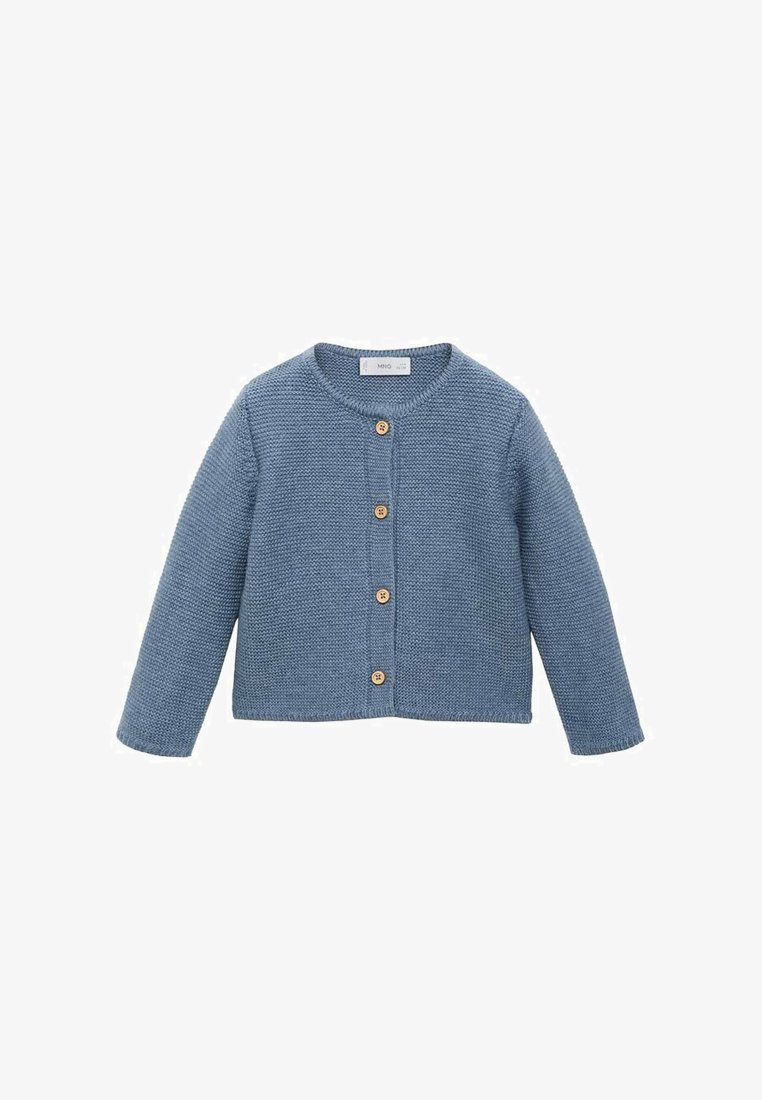 Modra pletena jopica s okroglo izrezom, dolgimi rokavi in petimi lesenimi gumbi spredaj. Teksturovana tkanina v enotni barvi.