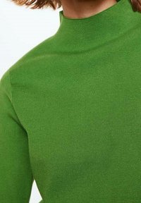 Grüner, gerippter Rollkragenpullover aus einem glatten, dehnbaren Stoff. Er besticht durch eine figurbetonte Passform und lange Ärmel.