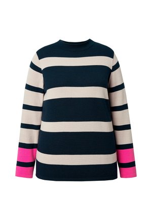 Pull à manches longues avec de larges rayures horizontales noires et beiges, et des accents rose vif sur les manches inférieures.