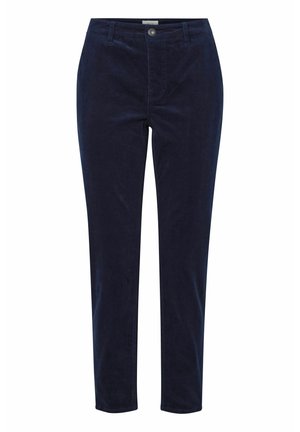 Tummansiniset corduroy-housut suoralinjaisella suunnittelulla, etupainike suljenta, ja kaksi etutaskua. Pehmeä tekstuuri, klassinen istuvuus.