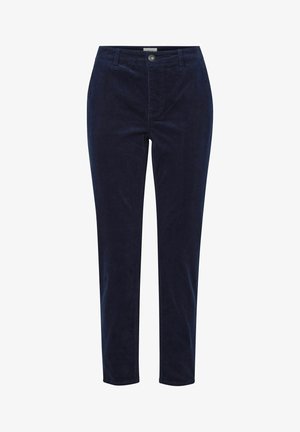 Temno modri kordura hlače s ravnim krojem, sprednjim gumbom in dvema sprednjima žepoma. Mehka tekstura, klasičen fit.