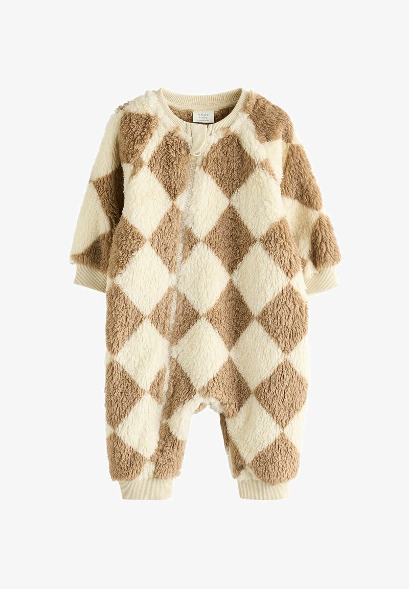 Combinaison à capuche en tissu doux et moelleux, avec un motif en losange marron et crème. Avec des poignets à côtes et une fermeture éclair sur le devant.