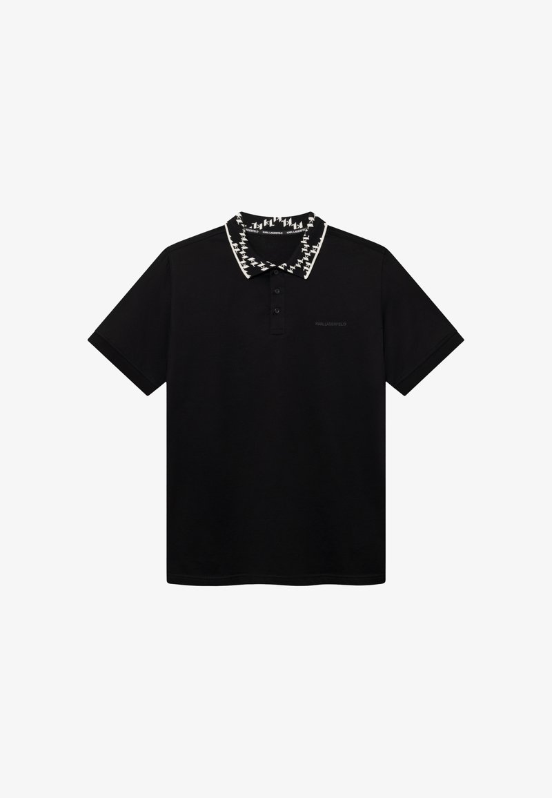 Polo nera a maniche corte con tre bottoni e colletto a fantasia bianco e nero con il logo Karl Lagerfeld.