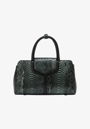 Grøn- og sort slangeskinds-mønster håndtaske med buede håndtag, struktureret design, tekstureret overflade og et centralt panel, der deler mønsteret.