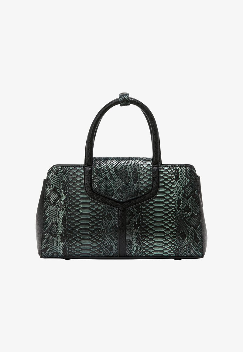 Zöld és fekete kígyómintás kézitáska ívelt farral, struktúrált dizájnnal, texturált felülettel és középső panelekkel, amelyek elválasztják a mintát.