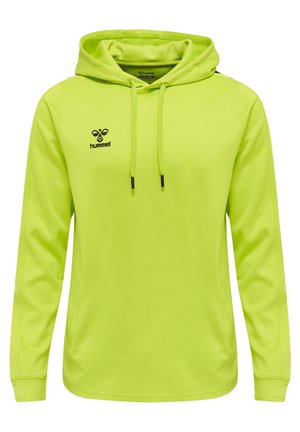 Bluza z kapturem w jasnym neonowym żółtym kolorze, wykonana z gładkiego materiału. Posiada czarne logo na piersi oraz regulowane sznurki.