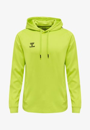 Bluza z kapturem w jasnym neonowym żółtym kolorze, wykonana z gładkiego materiału. Posiada czarne logo na piersi oraz regulowane sznurki.