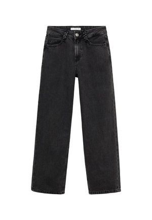 Czarne jeansy o prostym kroju wykonane z denimu. Posiadają zapięcie na guzik, pięciokieszonkowy design oraz delikatnie wyblakłą strukturę. Brak widocznych wzorów.