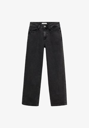 Čierne rovné džínsy vyrobené z denimu. Majú zapínanie na gombík, päť vreciek a jemnú vybledlú textúru. Bez viditeľných vzorov.