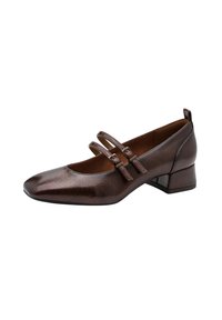 Chaussure Mary Jane en cuir texturé marron avec un bout carré, un design à deux brides et un petit talon bloc. Surface lisse avec des accents réfléchissants.