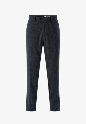 Dark gray trousers with a subtle textured pattern, featuring a straight-leg design, button closure, and classic pockets.