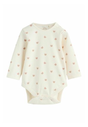 Langærmet bodysuit i creme bomuld med lysebrun bjørnprint; har rund hals og trykknapper i bunden for nem påklædning.
