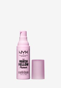 Pink cylindrical bottle with a pump dispenser and a matching cap, labeled "THE MARSH MELLOW Primer" in black text. 30 mL capacity.