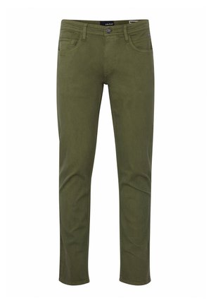Pantalon vert olive à jambes droites avec poches avant, passants de ceinture et fermeture à boutons.